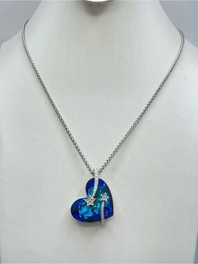 Blue Crystal Heart Pendant Necklace Celestial Star Silver Boho Statement